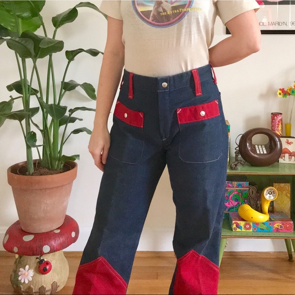 Vintage 60s red color block flares unisex jeans - Picture 4 of 5